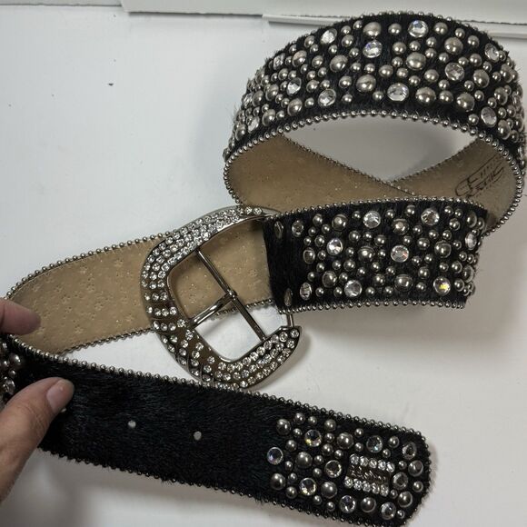 BB Simon Black Calf Hair Crystal Studded Extra Wide Belt W/Angle Buckle Sz XXL main image 6